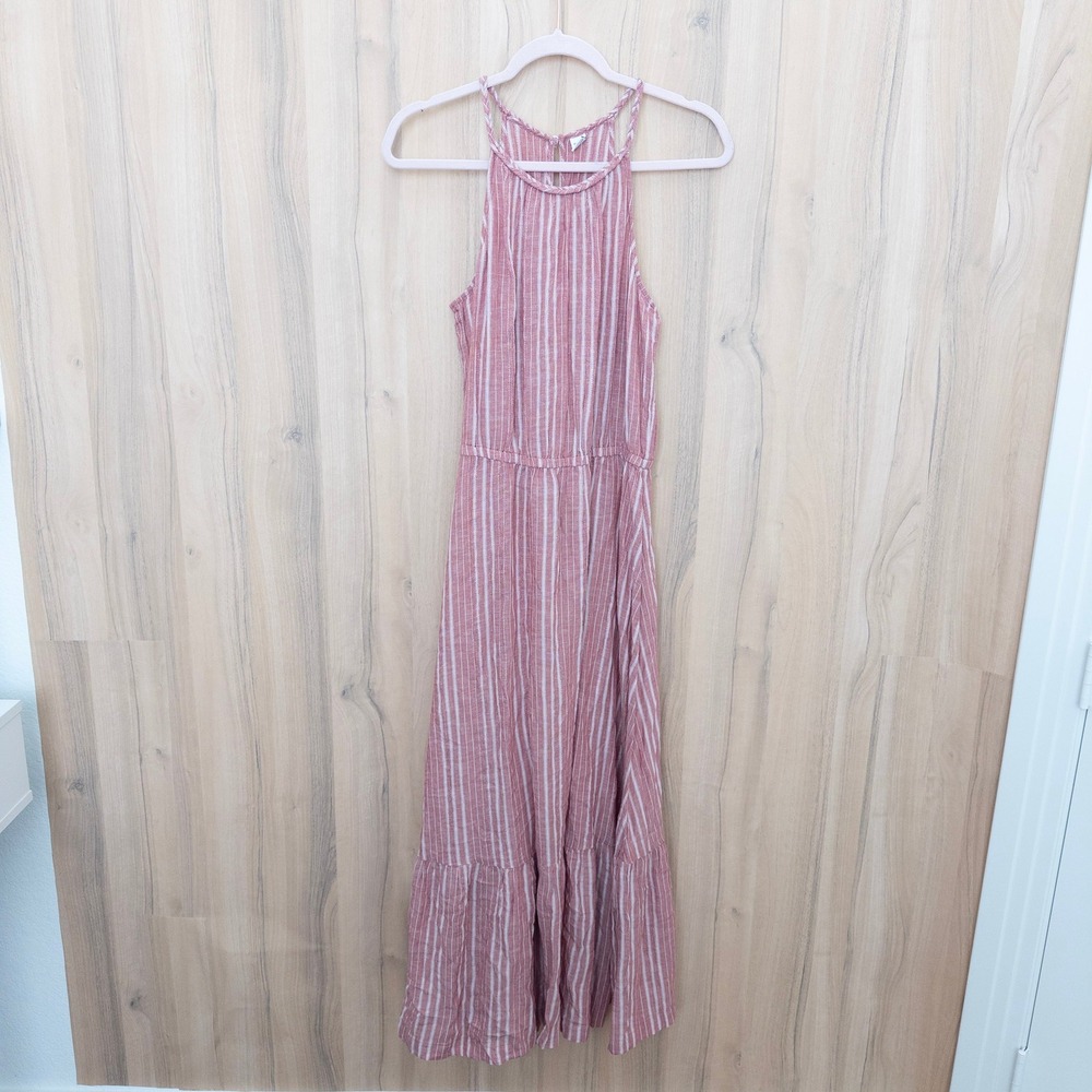 Old Navy Linen Blend Maxi Dress Medium Pink Stripe Tiered‎ Boho Coastal Cottage